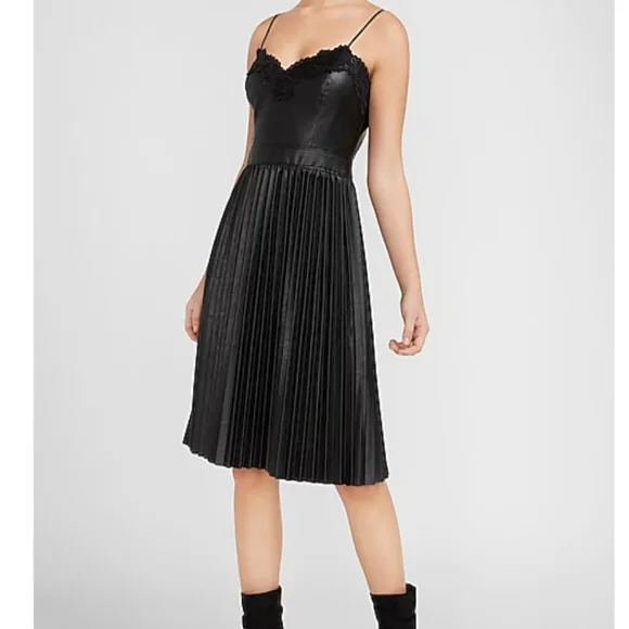 Express | Dresses | Express Black Faux Leather Lace Trim Pleated Midi Dress  Size Extra Small | Poshmark